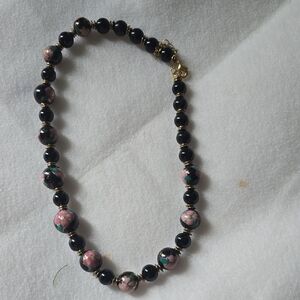 Elegant Black and Pink Floral Beaded Necklace